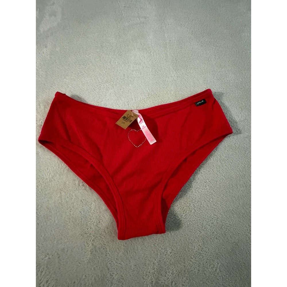 Vtg 2000s New Victoria's Secret PINK Womens L Red Panties Hiphugger Ribbed Heart